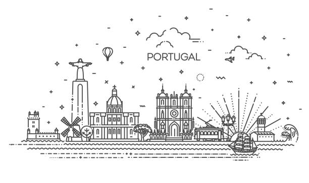 ilustrações de stock, clip art, desenhos animados e ícones de portugal line skyline with panorama in white background - portugal turismo