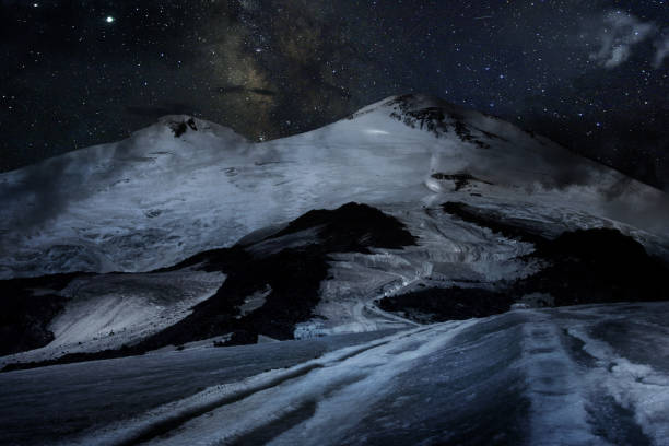 istock Climbing Elbrus. Snow-capped mountain peaks and climbers at night. 1270631041