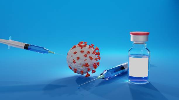 istock Vaccine vial and syringe with virus surrounded on blue background. 1270631046