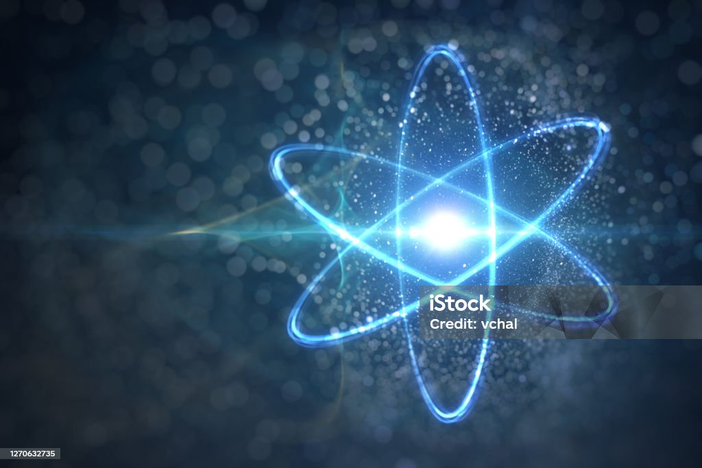 Model of atom and elementary particles. Physics concept. 3D rendered illustration. Atom Stock Photo