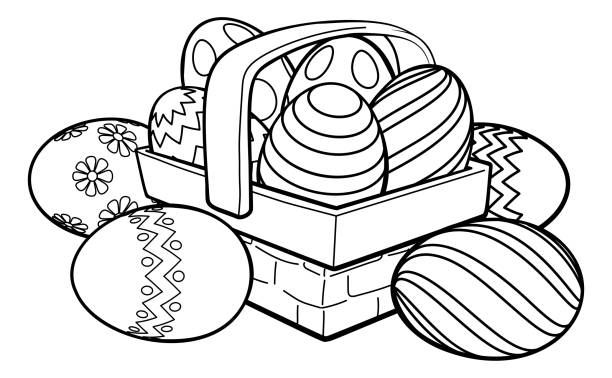 Easter Eggs Basket Hamper Cartoon A basket or hamper full of painted Easter eggs in black and white outline easter egg coloring stock illustrations