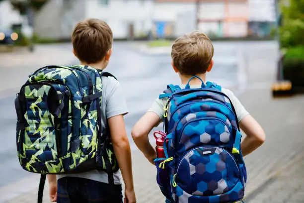 Two little kid boys with backpack or satchel. Schoolkids on the way to school. Healthy adorable children, brothers and best friends outdoors on the street leaving home. Back to school. Happy siblings