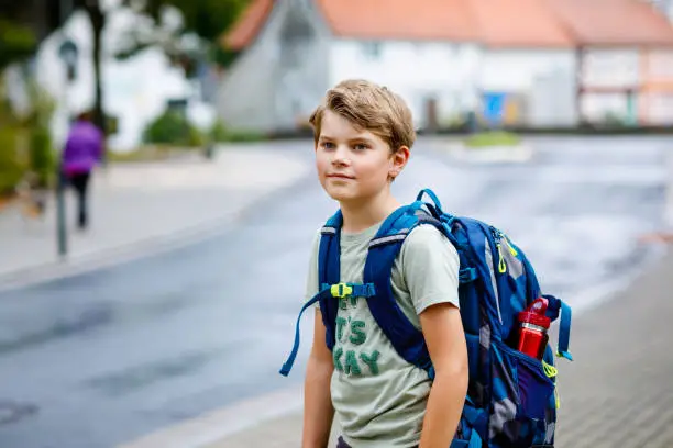 Happy little kid boy with backpack or satchel. Schoolkid on the way to middle or high school. Healthy adorable child outdoors on the street, on rainy day. Back to school