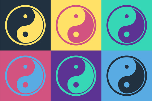 Pop art Yin Yang symbol of harmony and balance icon isolated on color background. Vector Illustration