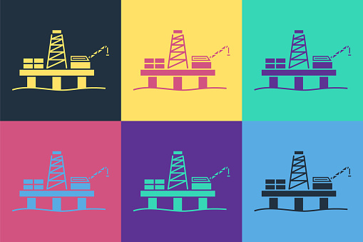 Pop art Oil platform in the sea icon isolated on color background. Drilling rig at sea. Oil platform, gas fuel, industry offshore. Vector Illustration