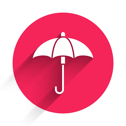 White Classic elegant opened umbrella icon isolated with long shadow. Rain protection symbol. Red circle button. Vector Illustration