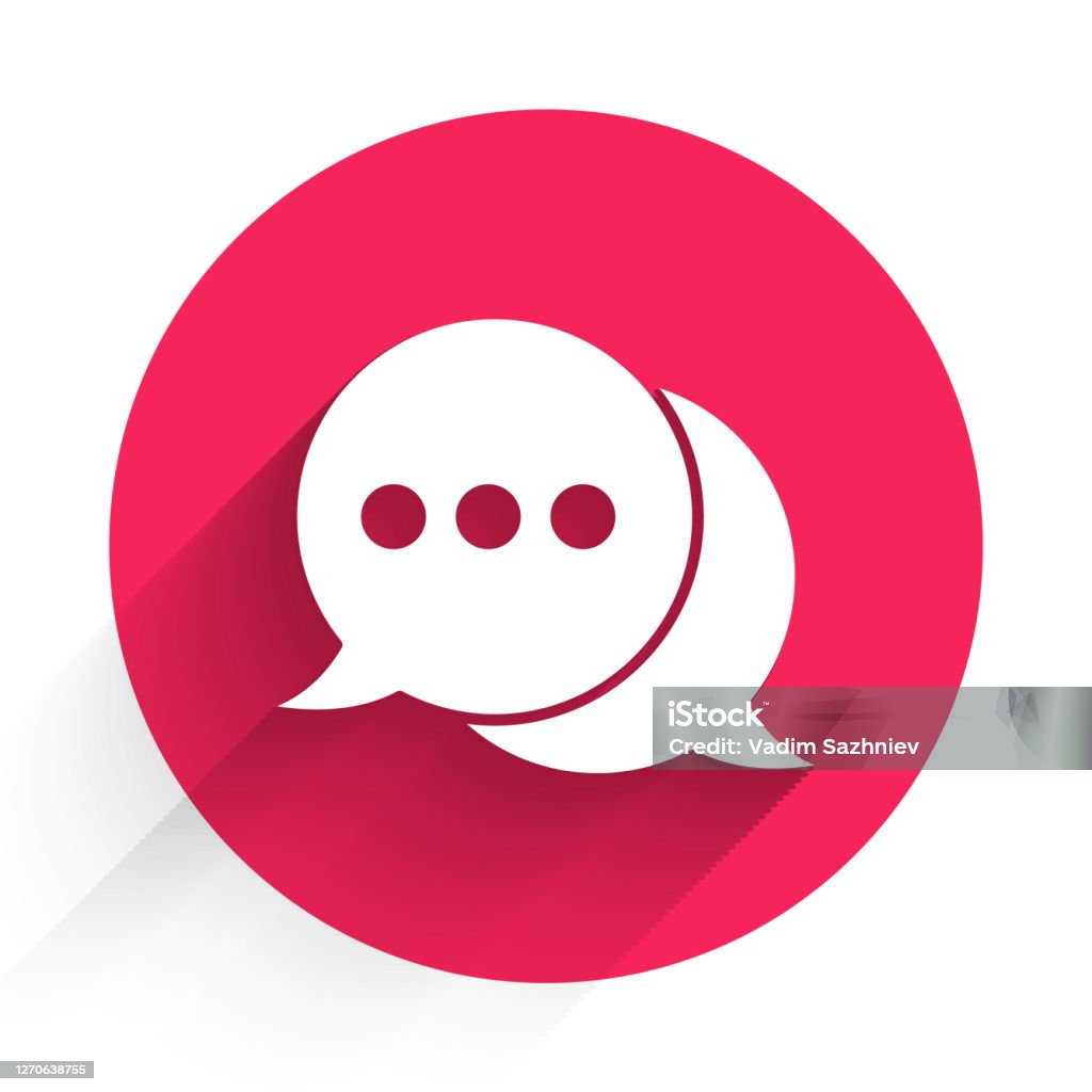 White Speech bubbla chattikonen isolerad med lång skugga. Meddelandeikon. Kommunikations- eller kommentarschattsymbol. Röd cirkel-knapp. Illustration av vektor - Royaltyfri Ikon vektorgrafik