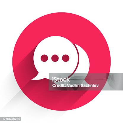 istock White Speech bubble chat icon isolated with long shadow. Message icon. Communication or comment chat symbol. Red circle button. Vector Illustration 1270638755