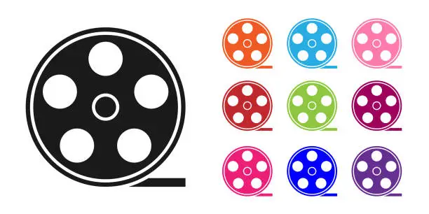 Vector illustration of Black Film reel icon isolated on white background. Set icons colorful. Vector Illustration