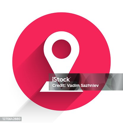 istock White Map pin icon isolated with long shadow. Navigation, pointer, location, map, gps, direction, place, compass, search concept. Red circle button. Vector Illustration 1270642880