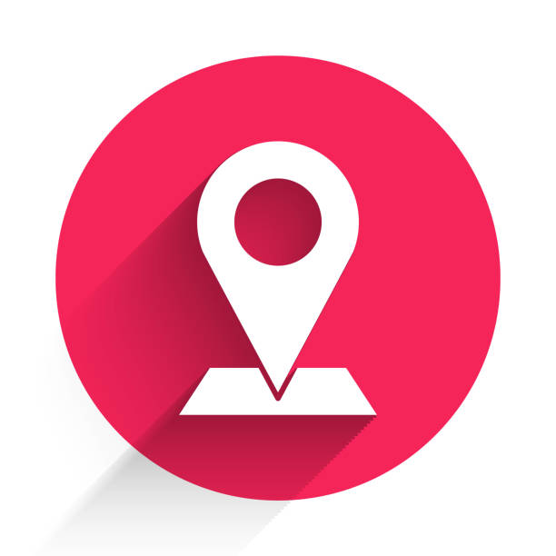 White Map pin icon isolated with long shadow. Navigation, pointer, location, map, gps, direction, place, compass, search concept. Red circle button. Vector Illustration White Map pin icon isolated with long shadow. Navigation, pointer, location, map, gps, direction, place, compass, search concept. Red circle button. Vector Illustration human settlement stock illustrations