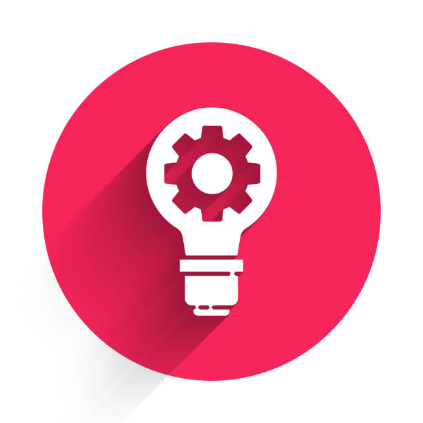 White Light bulb and gear icon isolated with long shadow. Innovation concept. Business idea. Red circle button. Vector Illustration White Light bulb and gear icon isolated with long shadow. Innovation concept. Business idea. Red circle button. Vector Illustration strategy stock illustrations