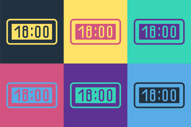 pop-art cyfrowa ikona budzika odizolowana na kolorowym tle. elektroniczny budzik zegarka. ikona czasu. ilustracja wektorowa - odliczać ilustracje stock illustrations