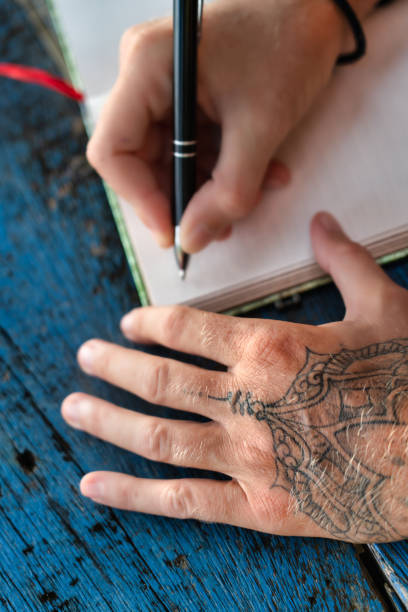 istock Female tattooed hands writing with pen on blank notebook 1270644150