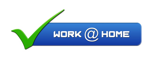 WORK at HOME lettering on blue banner with a green OK sign on the left - isolated on white background - 3D-illustration