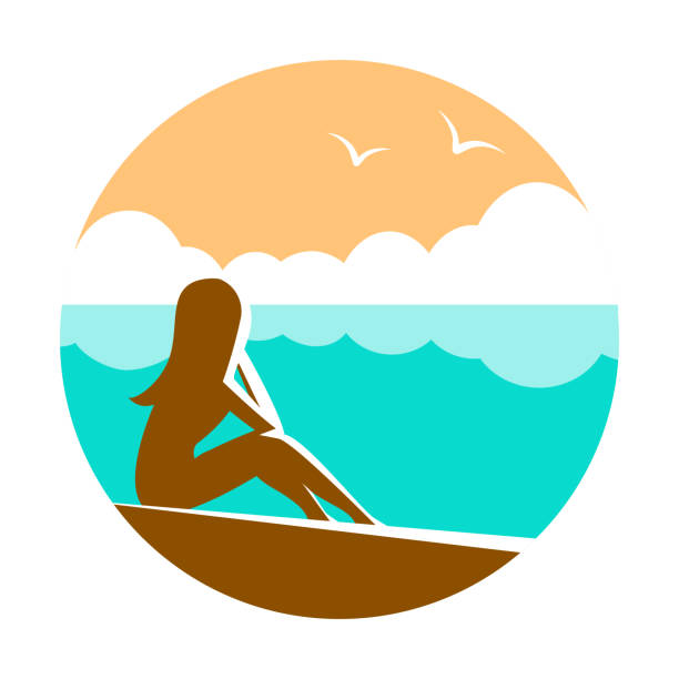 Silhouette of a girl at a beach resort. Silhouette of a girl at a beach resort. Sits on the seashore. Vector round illustration. sand clipart stock illustrations