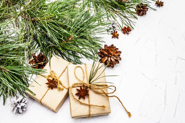 istock Zero waste gift concept. Christmas or New Year decor from pine branches and cones, star anise and vintage thread. Plastic-free recyclable lifestyle 1270645908