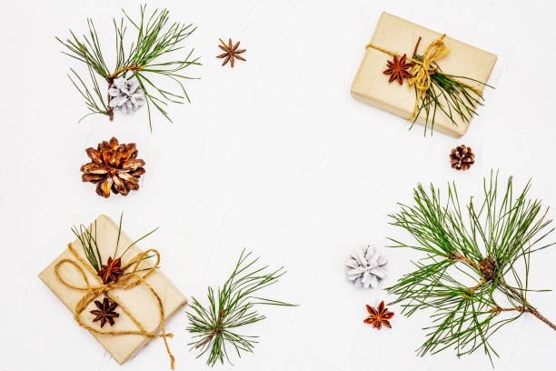 istock Zero waste gift concept. Christmas or New Year decor from pine branches and cones, star anise and vintage thread. Plastic-free recyclable lifestyle 1270645941