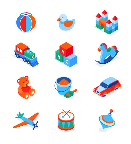 Toys and leisure games for children - modern isometric icons set Toys and leisure games for children - modern isometric icons set. Activities for kids concept. Colorful objects, ball, abc block, castle, teddy bear, bucket and shovel, spinning top, rocking horse colorful paper windmill toy stock illustrations