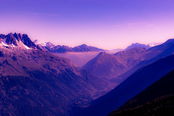 Chamonix valley in France looking towards Switzerland from the slopes of the Aiguille du Midi.