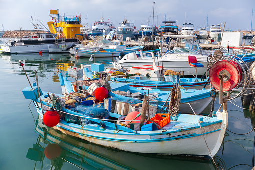 Small Greek fishing boats are moored in Ayia Napa, Cyprus