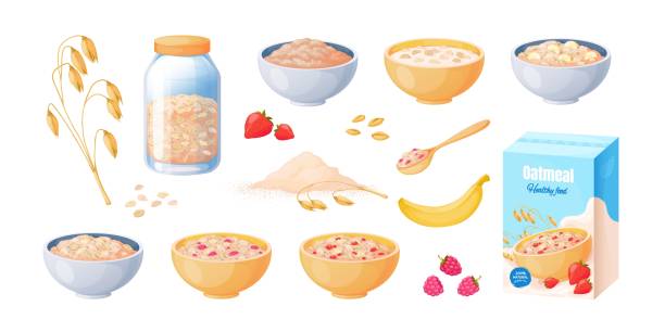ilustrações de stock, clip art, desenhos animados e ícones de oat breakfast. cartoon oatmeal bowl, boiled porridge cereal, healthy food concept. vector muesli isolated on white - oatmeal