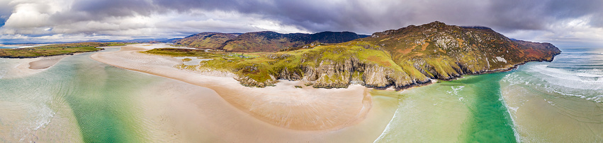 Aerial view of the beach and caves at Maghera Beach near Ardara, County Donegal - Ireland.
