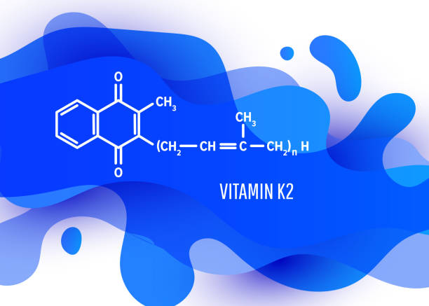 白い背景にコピースペースを持つ青い液体液体勾配の形を持つビタミンk2構造化学式 - vitamin k illustrations点のイラスト素材／クリップアート素材／マンガ素材／アイコン素材
