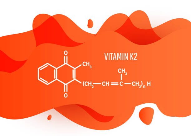 白い背景にコピースペースを持つオレンジ色の液体液体勾配形状のビタミンk2構造化学式 - vitamin k illustrations点のイラスト素材／クリップアート素材／マンガ素材／アイコン素材