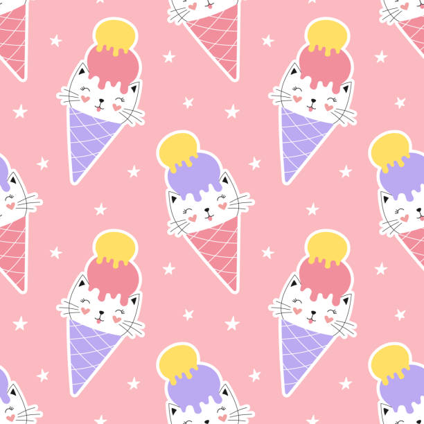 istock Cute seamless pattern sweet kitten in ice cream cone. Cartoon print for textiles, wrapping, fabric, wallpaper. Vector illustration for children. 1270659584