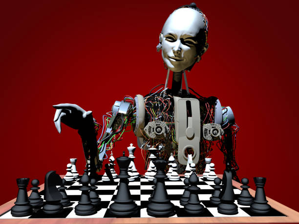 Artificial Intelligence Robot Playing Chess With the development of artificial intelligence and robotic technologies, systems that can make their own decisions and think strategically have started to be created. Computers have been defeating people in chess tournaments for years. Computers integrated into robots have become very powerful with internet connection. computer chess stock pictures, royalty-free photos & images