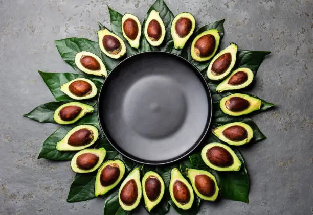 Photo of Avocado and avocado tree leaves frame around empty plate. Copy space food background