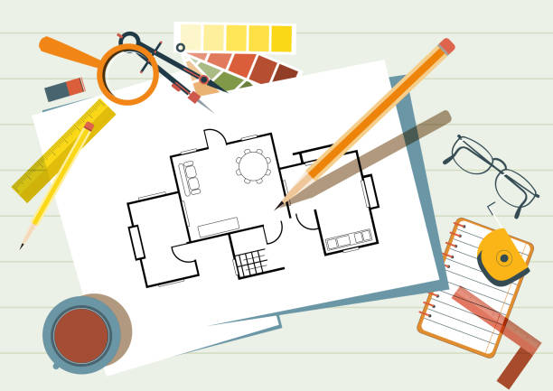 개념 작성. 엔지니어링 및 아키텍처 배경을 구축합니다. 건축 자재, 측정 도구 및 청사진. 홈 리노베이션 프로젝트 및 인테리어 디자인. - drafting ruler architecture blueprint stock illustrations