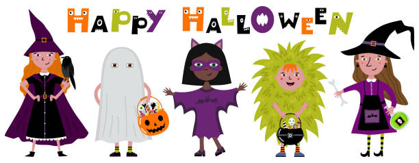 ilustraciones, imágenes clip art, dibujos animados e iconos de stock de conjunto de niños con disfraces de halloween. bruja, fantasma, monstruo, murciélago. feliz carta de halloween. truco o tratar la fiesta. disfraces divertidos para niños. ilustración vectorial de dibujos animados aislada en blanco. diseño plano - witch halloween cauldron bat