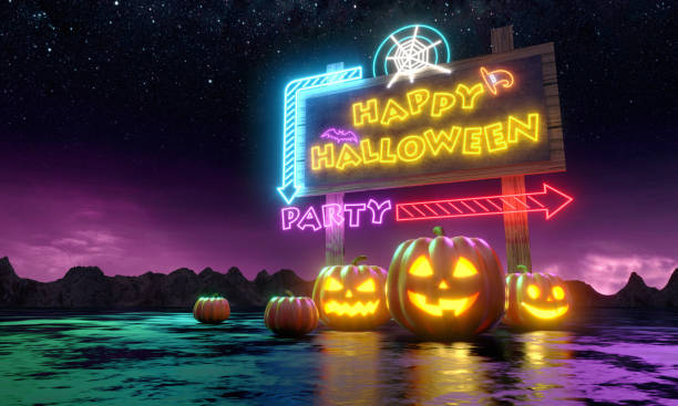 istock Pumpkins and neon banner with fun party invitation. Night sky and mountains. 3d rendering 1270665933