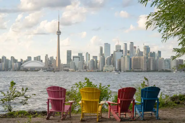 Beautiful colorful chairs to see the view of city of Toronto Ontario Canada