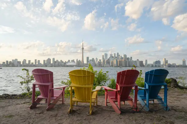 Beautiful colorful chairs to see the view of city of Toronto Ontario Canada