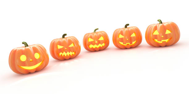 istock Many Halloween Pumpkins in a row isolated on white background. 3d rendering 1270666816