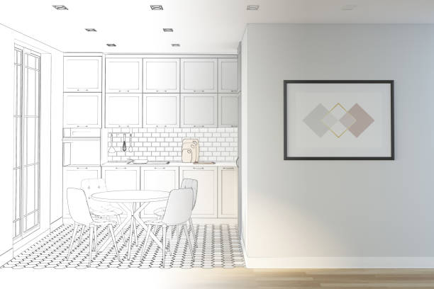 istock The sketch becomes a real gray kitchen with a round table in the middle, with glass doors to the balcony, with a horizontal poster on the wall. Mockup poster. Front view. 1270667537