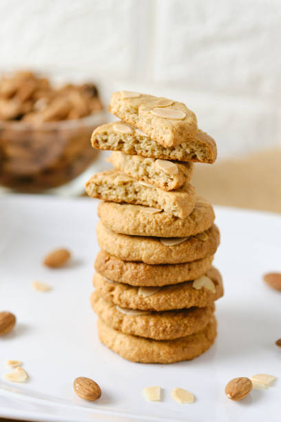 istock Stack of Gluten Free Almond Cookies set on white cafe table background. 1270671181