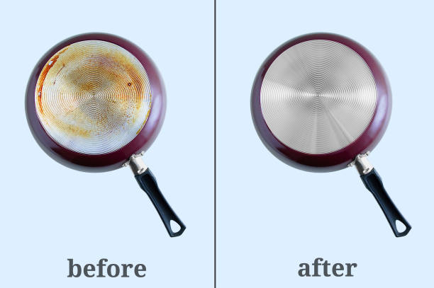 Cleaning carbon deposits on kitchen utensils. Dirty pan bottom and clean. Gray background. Before and after.