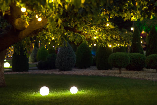 jardin de lumière d’arrière-cour d’éclairage avec la lanterne électrique de sol avec la lampe de diffuseur rond avec la guirlande des ampoules sur des branches d’arbre, parc d’aménagement paysager foncé avec la scène de nuit lumineuse, perso - guirlande lumineuse équipement déclairage photos et images de collection