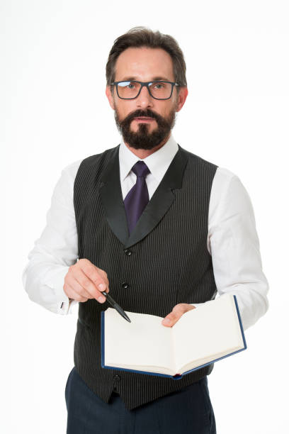 istock Man formal clothes hold notepad white explain business topic. Business school concept. Speaker business conference isolated white. Expert eyeglasses smart teacher. Join elite business academy event 1270675811