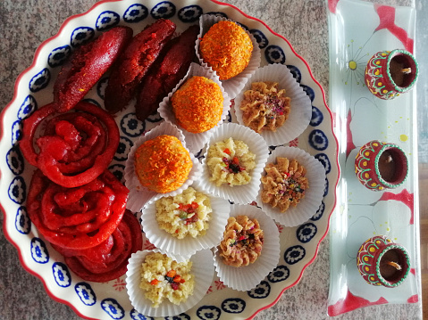 Shot of a selection of delicious Indian Diwali sweet meats served on a tray