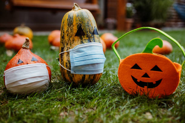 istock Pumpkins on the grass with face protective mask during Covid-19 pandemic 1270679441