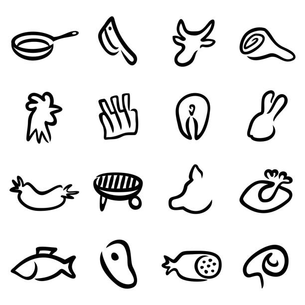 ilustraciones, imágenes clip art, dibujos animados e iconos de stock de conjunto simple de iconos vectoriales de carnicería lineal. iconos vectoriales como carne, animales domésticos de carne, pescado, utensilios de cocina, sartén, cuchillo y otros - computer graphic meat barbecue chicken food