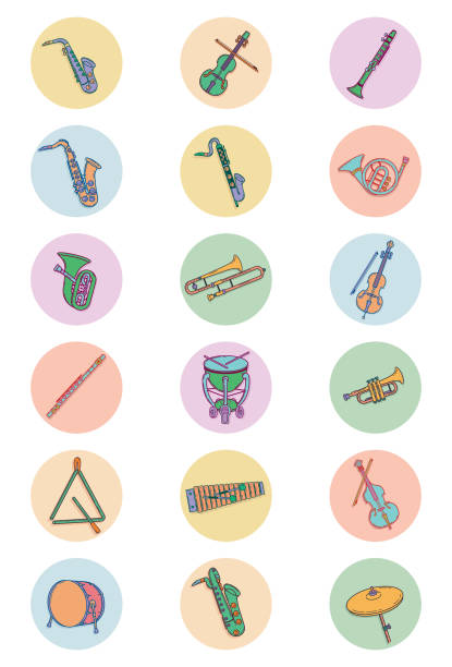 Retro Instruments Illustrations Set of 18 instruments in funky retro colors cartoon of the alto saxophone stock illustrations