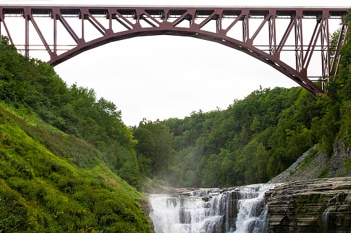 Image of Summer shot of Kokosing River with train bridge and field of grass