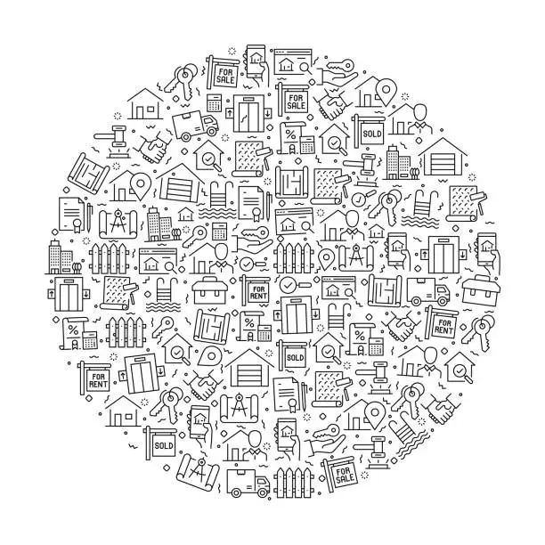 Vector illustration of Pattern with Real Estate Icons. Black and white Thin Line Icons