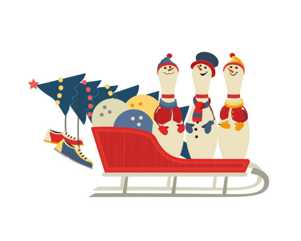 Cute Christmas bowling pins in sleigh vector icon Cute bowling pins in sleigh flat vector icon. Comic pin in snowman costume cartoon. Winter season holiday bowling parties design element. Christmas New year event celebration background illustration cricket bowler stock illustrations